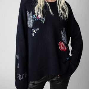100% Cashmere Sweater Women’s Butterfly Flower Letter Embroidery