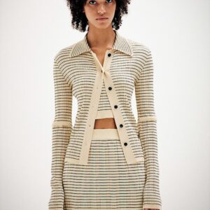 Beige Striped Ribbed Slim Fit Cardigan Drop Shipping