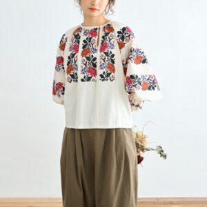 Johnature Japanese New Embroidery Floral Women Shirts
