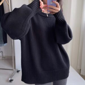 Navy Wool Cashmere Blend Knit Sweater for Women