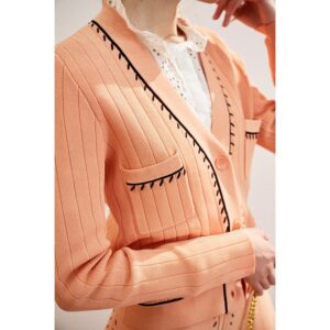 V-neck Contrast Trim Knitted Cardigan Suspenders High Waist Skirt