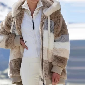 2021 Winter Women Plush Coat Fashion Hooded Zipper Jackets Casual Oversized Stitching Plaid Faux Fur Warm Ladies Parka Jacket