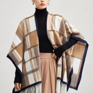 2023 Spring and Autumn New Fashion British Luxury Outwear Shawl Women’s Wool Tassel Plaid Cloak Style Cape Coat