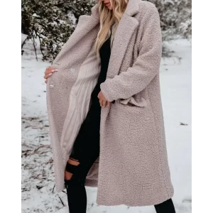 Autumn Winter Warm Plush Lamb Fleece Top Coat Long Sleeve Lapel Women’s Wool & Blends Turn-down Neck Winter Long Trench Coat