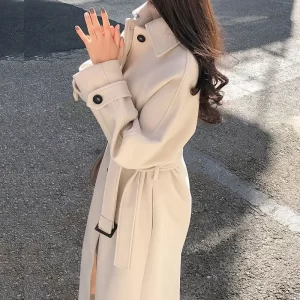 Winter Woolen Coat Women Korean Solid Fashion Elegant Thicken Warm Long Jacket Female Loose Covered Button Strap Blends Outwear