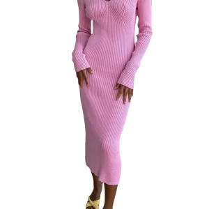 Women s 2023 Casual Long Sleeve Knit Bodycon Dress Deep V Neck High Waist Slim Fit Midi Dresses
